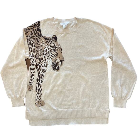 Time & Tru Knit Sweater Top Cheetah Graphic Tan Sz L 12/14 Design On Back Too - Picture 1 of 6